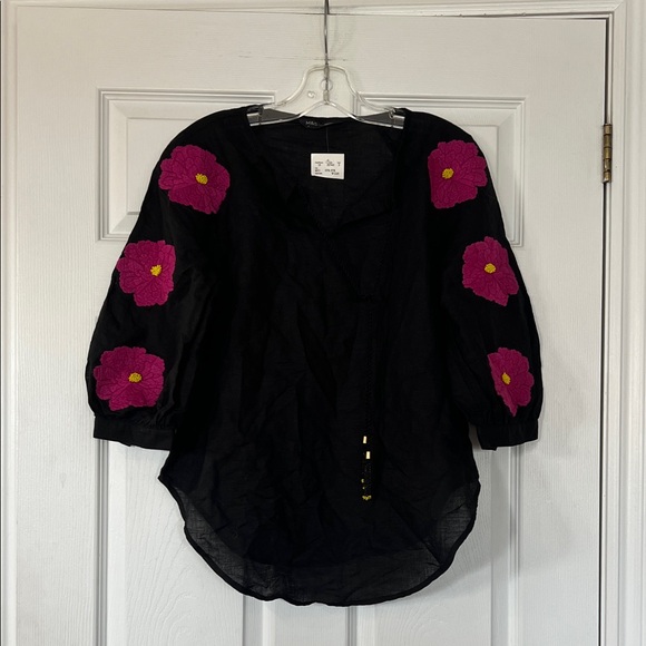 M&S collection Tops - Elegant Black Blouse with Vibrant Pink Floral Design